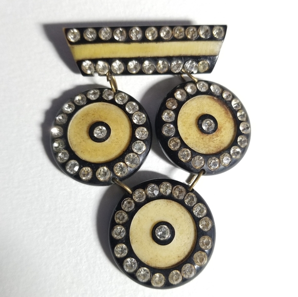 Vintage Jewelry - Relisted-Vintage Art Deco brooch early plastic pin yellow black clear rhinestone